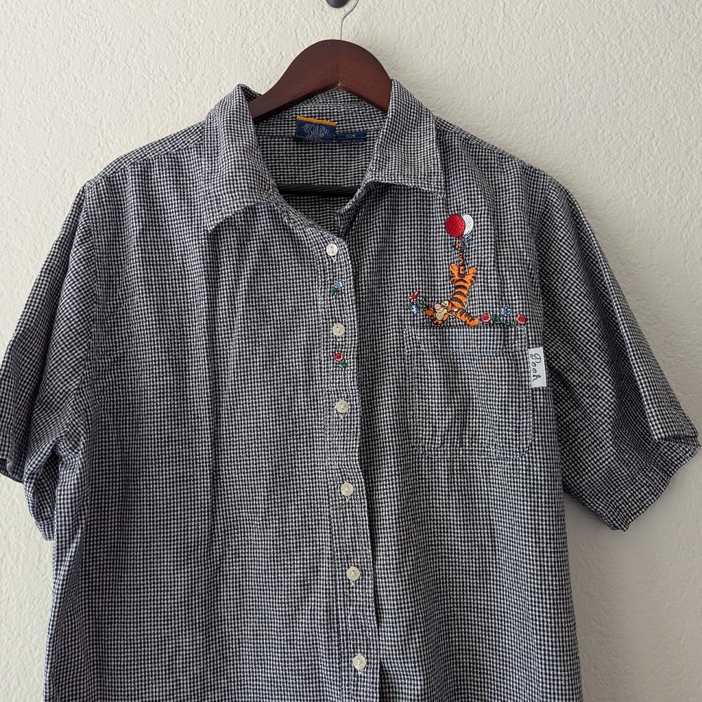 Vintage Disney Winnie the Pooh Button Up Shirt Tigger Gingham Blue/White 20W - Picture 2 of 8